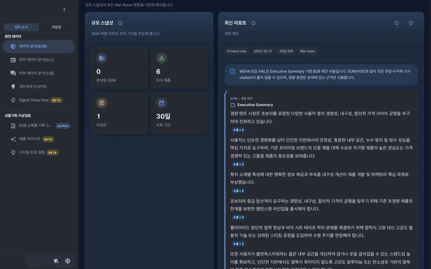 B2B 전략 분석 리포트 화면 예시(가상 회사 데이터): 리포트 규모 요약과 경영 요약